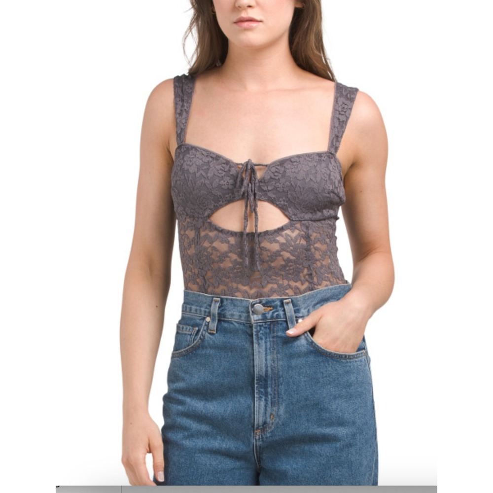 Free People Bodysuit Women's MED Gray Teddy Dollette Balletcore Coquette NWT